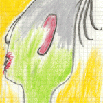 Expressives Kreidezeichnung: grünes Gesichtsprofil mit rotem Mund, grauem Haar | Expressive chalk drawing: green face profile with red mouth, gray hair pulled back