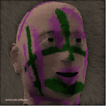 Digitales Porträt eines Gesichts mit grünen und violetten Pinselstrichen bemalt | Digital portrait of a face painted with green and violet brushstrokes