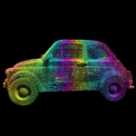 Fiat 500 als buntes 3D-Drahtgittermodell in Regenbogenfarben auf schwarzem Hintergrund | Fiat 500 as colorful 3D wireframe model in rainbow colors on black background