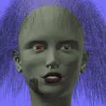 3D-Figur Monika: grüne Haut, rotes Auge, blaue Haare, offener Mund | 3D figure Monika: green skin, red eye, blue hair, open mouth