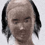 Digitales Gesichtsportrait mit Textoverlay, schwarze Haare, geschlossene Augen | Digital face portrait with text overlay, black hair, closed eyes