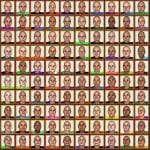 Raster aus ~90 KI-generierten Gesichtern kahlköpfiger Männer in bunten Rahmen | Grid of ~90 AI-generated bald male faces in colorful frames