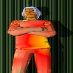 Digitale Figur in Rot-Orange mit verschränkten Armen, weißem Haar, grüner Streifenwand | Digital figure in red-orange with crossed arms, white hair, green striped wall background