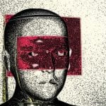 Digitale Kunst: Gesicht mit rotem Rechteck über Augenpartie, Pop-Art-Stil | Digital art: face with red rectangle over eye area, pop-art style