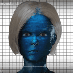 Digitales 3D-Gesicht mit blauer Textur und blondem Bob-Haar vor Gitterhintergrund | Digital 3D face with blue texture and blonde bob hair against grid background