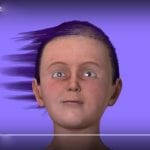 3D-animiertes Kindergesicht mit wehenden dunklen Haaren auf violettem Hintergrund | 3D-animated child face with flowing dark hair on purple background
