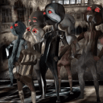 Gruppe grotesker 3D-Figuren mit roten Augen und langen Hälsen in düsterer Kulisse | Group of grotesque 3D figures with red eyes and long necks in a dark setting
