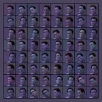 Raster mit 64 3D-gerenderten Gesichtern in Blau-Lila, verschiedene Perspektiven | Grid of 64 blue-purple 3D-rendered faces shown from various angles