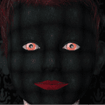 Digitale Kunstfigur mit schwarzer Textur, roten Augen und dunkelroten Lippen | Digital art figure with black texture, red eyes and dark red lips