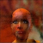 Digitales Porträt mit Kratzerstruktur, kahler Kopf in Orange-Rottönen | Digital portrait with scratch texture, bald head in orange-red tones