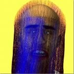 Abstraktes Gesicht mit Holzmaserung-Textur, blau-orangene Farbgebung auf gelbem Grund | Abstract face with wood grain texture, blue-orange coloring on yellow background