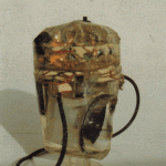 Transparenter Kunstobjekt-Behälter mit elektronischen Bauteilen und Kabeln | Transparent art object container with electronic components and cables