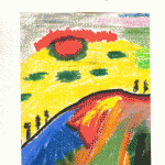 Pastellgemälde „Die Reise": bunte Landschaft mit gelbem Hügel, roter Sonne, Figuren | Pastel painting "Die Reise": colorful landscape with yellow hill, red sun, small figures