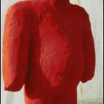 Rot bemalte grobe Menschenfigur aus Ton, stehend, frontal | Roughly shaped standing human figure painted entirely in red clay