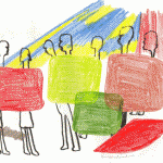 Skizze: Menschenfiguren tragen bunte Koffer in Rot, Grün, Braun vor blau-gelbem Hintergrund | Sketch: human figures carrying colorful suitcases in red, green, brown against blue-yellow background