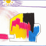 Pastellzeichnung: CMYK-Farbflächen in Magenta, Gelb, Schwarz, Cyan mit Sonne | Pastel drawing: CMYK color fields in magenta, yellow, black, cyan with sun