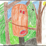 Kinderzeichnung: oranges Monster mit roten Augen zwischen Bäumen im Wald | Children's drawing: orange monster with red eyes between trees in a forest