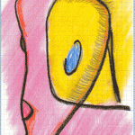 Abstraktes Gesicht mit gelbem Auge auf rosa Hintergrund, Buntstiftzeichnung | Abstract face with yellow eye on pink background, colored pencil drawing
