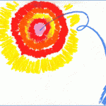 Spiralförmige Kreiszeichnung in Rot, Orange, Gelb mit blauer Linie | Spiral circle drawing in red, orange, yellow with a blue curved line