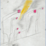 Bleistiftzeichnung mit geometrischen Linien, roten Quadraten und gelbem Lichtstrahl | Pencil drawing with geometric lines, red squares and yellow beam of light
