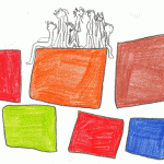 Strichfiguren stehen auf orangem Block, umgeben von farbigen Rechtecken | Stick figures stand on orange block, surrounded by colorful rectangles
