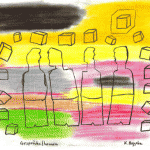 Fünf Umrisse stehender Menschen umgeben von schwebenden Würfeln, bunte Hintergrundstreifen | Five outline figures surrounded by floating cubes, colorful striped background
