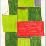 Buntstiftzeichnung: Grüne, rote, graue Rechtecke; oben kleine Menschenfiguren | Crayon drawing: green, red, grey rectangles; small human figures at top