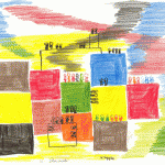 Bunte Rechtecke in Gelb, Rot, Blau, Grün mit kleinen Menschenfiguren, Buntstift | Colorful rectangles in yellow, red, blue, green with small human figures, colored pencil