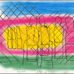Skizze: Menschengruppe hinter Gitterzaun, farbiger Hintergrund in Pink, Gelb, Grün | Sketch: group of people behind wire fence, colorful background in pink, yellow, green