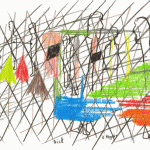 Skizze stehender Figuren mit farbigen Flächen in Gelb, Rot, Blau, Grün, Orange | Sketch of standing figures with colorful patches in yellow, red, blue, green, orange