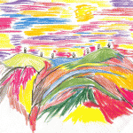 Bunte Buntstiftzeichnung: Figuren auf Hügeln unter leuchtendem Himmel | Colorful crayon drawing: figures on hills beneath a vivid glowing sky