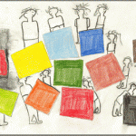 Strichfiguren tragen bunte Farbflächen in Rot, Gelb, Grün, Blau, Orange und Schwarz | Stick figures carrying colorful squares in red, yellow, green, blue, orange and black