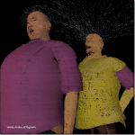 Zwei grob gezeichnete 3D-Figuren in Lila und Gelb vor schwarzem Hintergrund | Two roughly drawn 3D figures in purple and yellow against black background