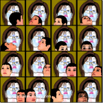 16-teiliges Raster: Frau mit Brille und blassem Gesicht, daneben kleines Kind, Pop-Art-Stil | 16-panel grid: woman with glasses and pale face beside small child, pop art style