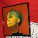 Gerahmtes Gemälde: Gesicht mit gelbem Teint und grünem Irokesen auf rotem Grund | Framed painting: face with yellow complexion and green mohawk on red background