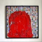 Zerstörtes Kunstwerk: Rote Plastikfolie über bunten Köpfen-Raster, gerahmt | Destroyed artwork: Red plastic foil over colorful head grid, framed