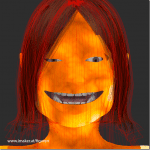 Digitales 3D-Gesicht in Orange-Rot mit sichtbarem Mesh-Gitter und breitem Grinsen | Digital 3D face in orange-red with visible mesh grid and wide grin