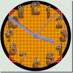 Analoge Uhr mit orangem Karomuster, blauen Zeigern, 10:10 Uhr | Analog clock with orange checkered pattern, blue hands, showing 10:10
