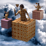Drei gemusterte Figuren ragen aus schwebenden Würfeln in Wolken, halten Fackeln | Three patterned figures emerge from floating cubes in clouds, holding torches