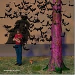 3D-Figur von Vogelschwarm umgeben, pinker Baum, roter Pilz | 3D figure surrounded by bird swarm, pink tree, red mushroom