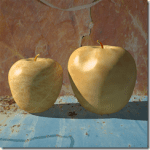 Zwei goldgelbe Äpfel mit Stielen vor rosa Marmorwand | Two golden-yellow apples with stems against pink marble wall