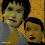 Zwei stilisierte Gesichter in Gelb-Gold mit pinken und blauen Lippen auf schwarzem Hintergrund | Two stylized faces in yellow-gold with pink and blue lips on black background