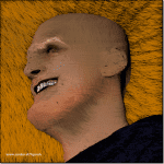 Digitale Skulptur: Kahlköpfiger Mann lacht, orangefarbener Pinselstrich-Hintergrund | Digital sculpture: Bald man laughing, orange brushstroke background