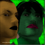 Zwei digitale Gesichter in Ocker und Grün, expressiv verfremdet, grüner Hintergrund | Two digital faces in ochre and green, expressively distorted, green background