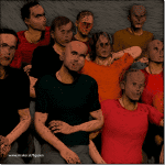 Digitale Malerei: Gruppe verzerrter menschlicher Figuren in Rot- und Erdtönen | Digital painting: group of distorted human figures in red and earth tones