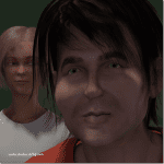Zwei 3D-gerenderte Figuren: Mann mit dunklem Haar im Vordergrund, Frau mit blondem Haar dahinter | Two 3D-rendered figures: dark-haired man in foreground, blonde woman behind him