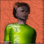 Digitale 3D-Figur in gelbgrünem Shirt vor orangerotem Hintergrund mit Strichstruktur | Digital 3D figure in yellow-green shirt against orange-red background with stroke texture