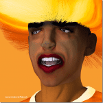 3D-Figur mit flammend-orangem Haar, geöffnetem Mund und intensivem Blick | 3D figure with flaming orange hair, open mouth and intense gaze