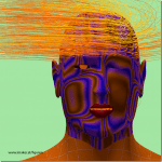 3D-Gesicht mit blau-lila Wellenmustern, orange leuchtende Haarsträhnen auf Mintgrün | 3D face with blue-purple wave patterns, glowing orange hair strands on mint green