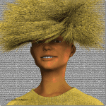 3D-Figur mit gelbem Fellhut, der Augen verdeckt, lächelnd, gelbes Shirt | 3D figure with yellow fur hat covering eyes, smiling, yellow shirt